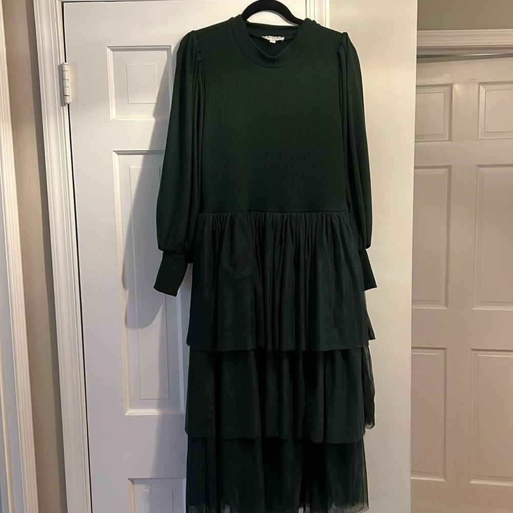 Ivy City Co Cosette Ribbed Knit‎ Balloon Sleeve Layered Tulle Midi Dress Green L